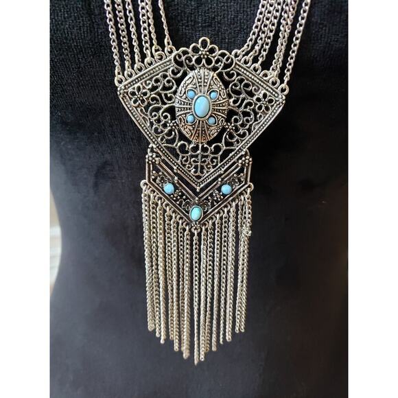 Women's Vintage Boho Statement Necklace Silver Tone Chain with Turquoise Stones - Picture 3 of 7